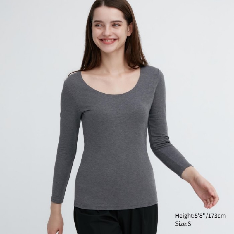 Women Uniqlo HEATTECH Cotton Scoop Neck Long-Sleeve T Shirts Grey | 560043