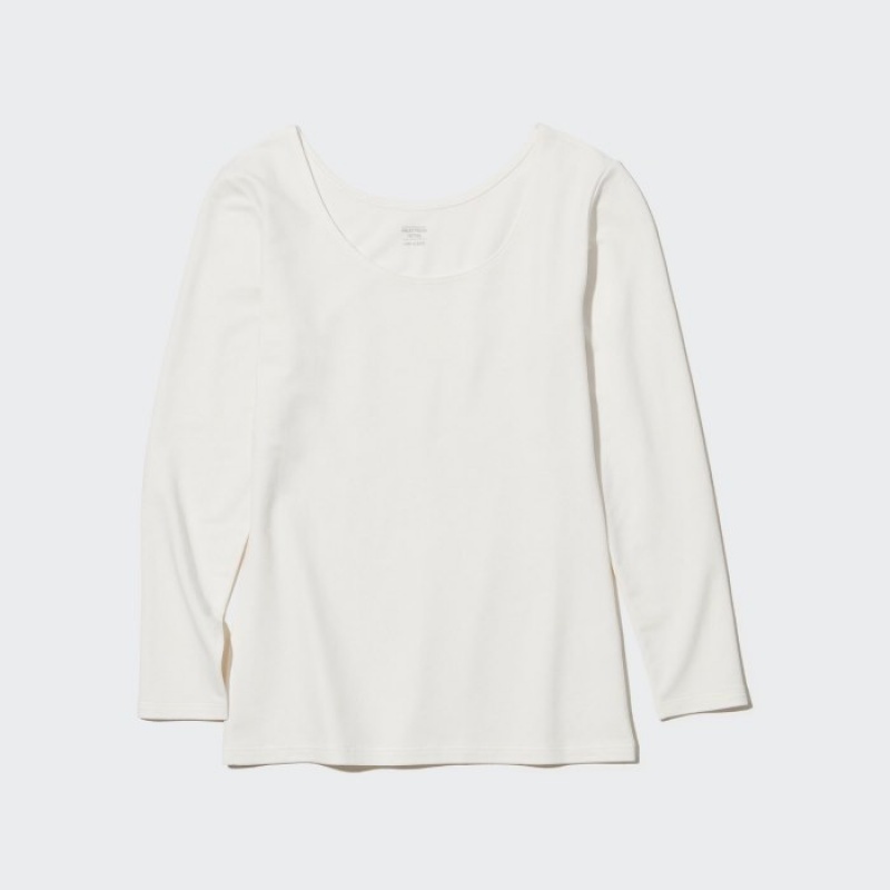 Women Uniqlo HEATTECH Cotton Scoop Neck Long-Sleeve T Shirts White | 7532198