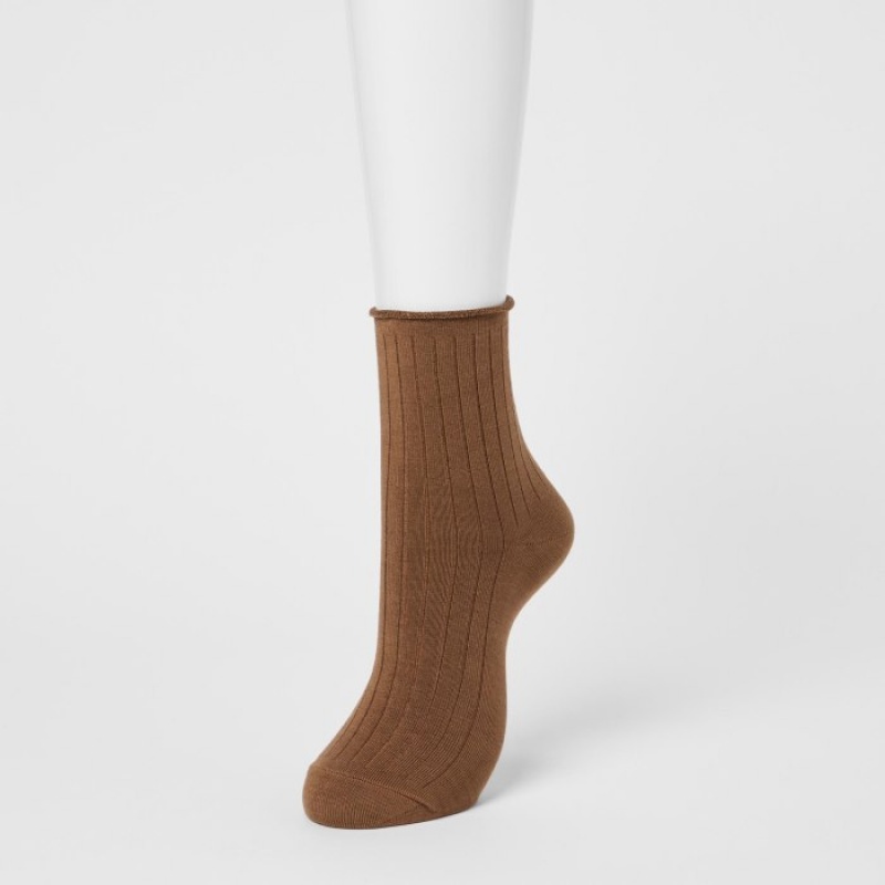 Women Uniqlo HEATTECH Crew Top Roll Socks Brown | 9448699