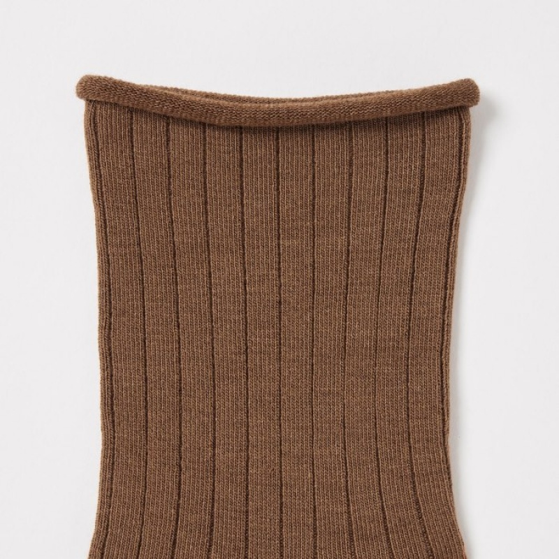 Women Uniqlo HEATTECH Crew Top Roll Socks Brown | 9448699