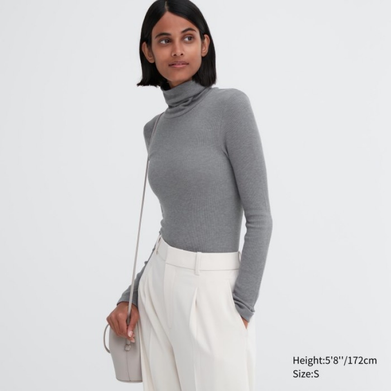 Women Uniqlo HEATTECH Extra Warm Seamless Ribbed Turtleneck Long-Sleeve T Shirts Grey | 8221963