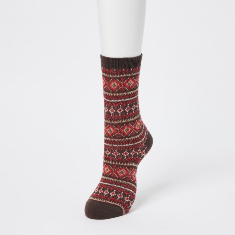 Women Uniqlo HEATTECH Fair Isle Socks Brown | 8949441