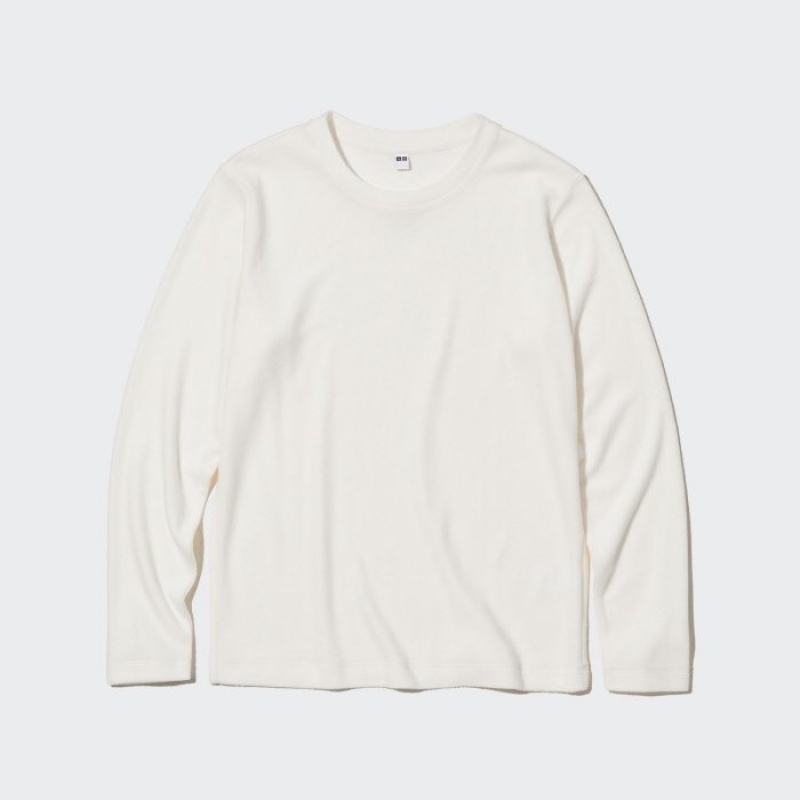 Women Uniqlo HEATTECH Fleece Crew Neck Long-Sleeve T Shirts White | 3712465