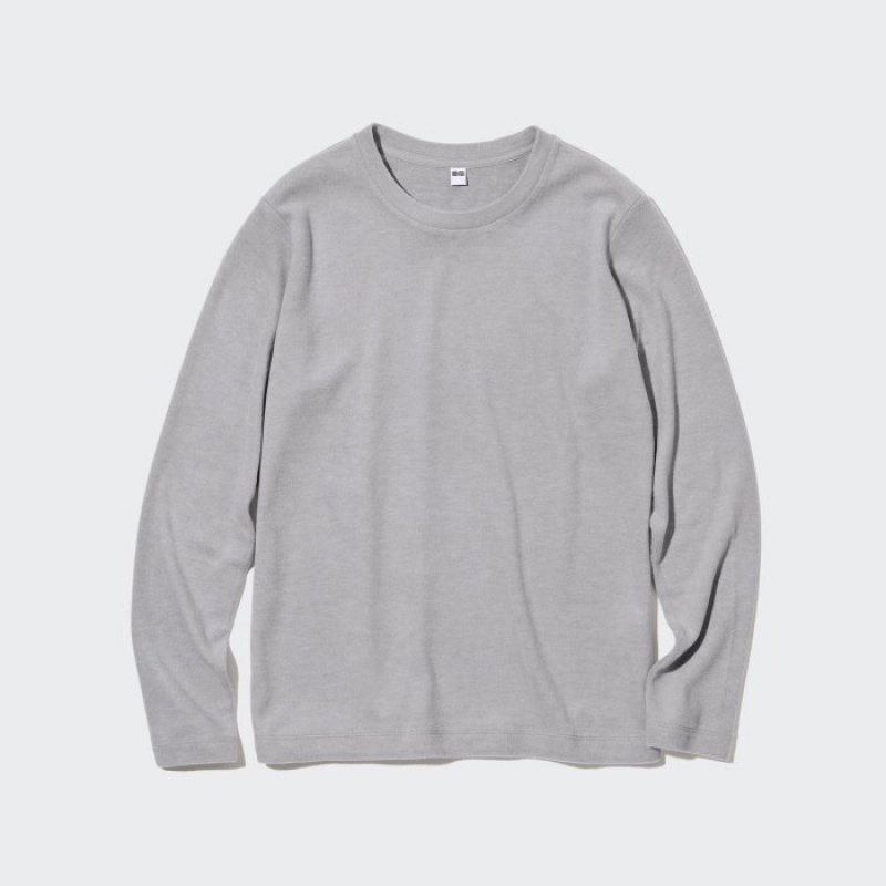 Women Uniqlo HEATTECH Fleece Crew Neck Long-Sleeve T Shirts Grey | 1506234