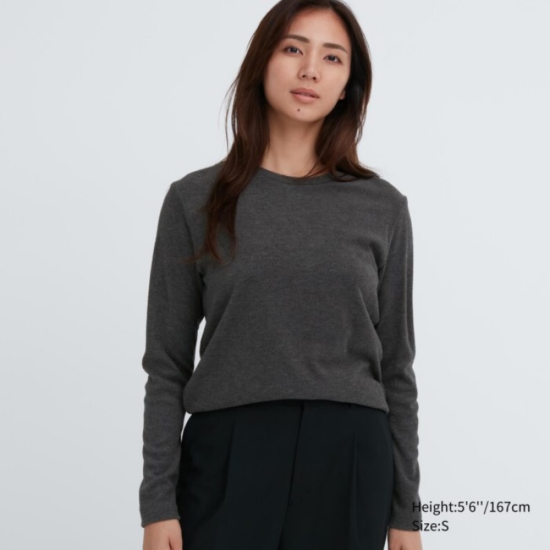 Women Uniqlo HEATTECH Fleece Crew Neck Long-Sleeve T Shirts Grey | 6190919