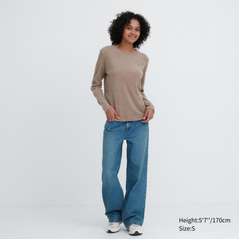 Women Uniqlo HEATTECH Fleece Crew Neck Long-Sleeve T Shirts Yellow | 6057578