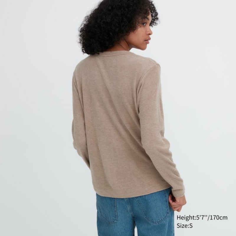 Women Uniqlo HEATTECH Fleece Crew Neck Long-Sleeve T Shirts Yellow | 6057578