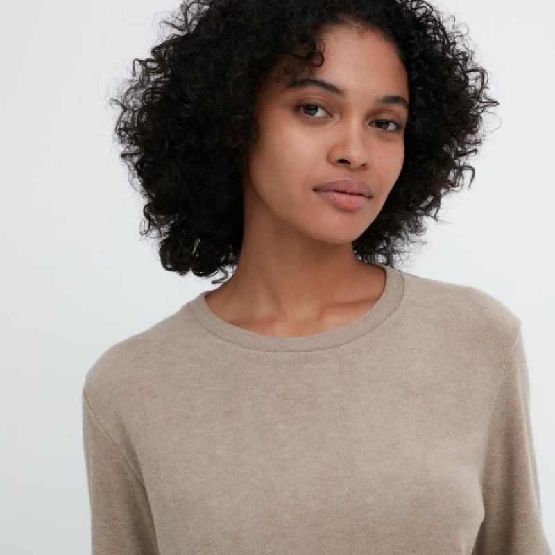 Women Uniqlo HEATTECH Fleece Crew Neck Long-Sleeve T Shirts Yellow | 6057578