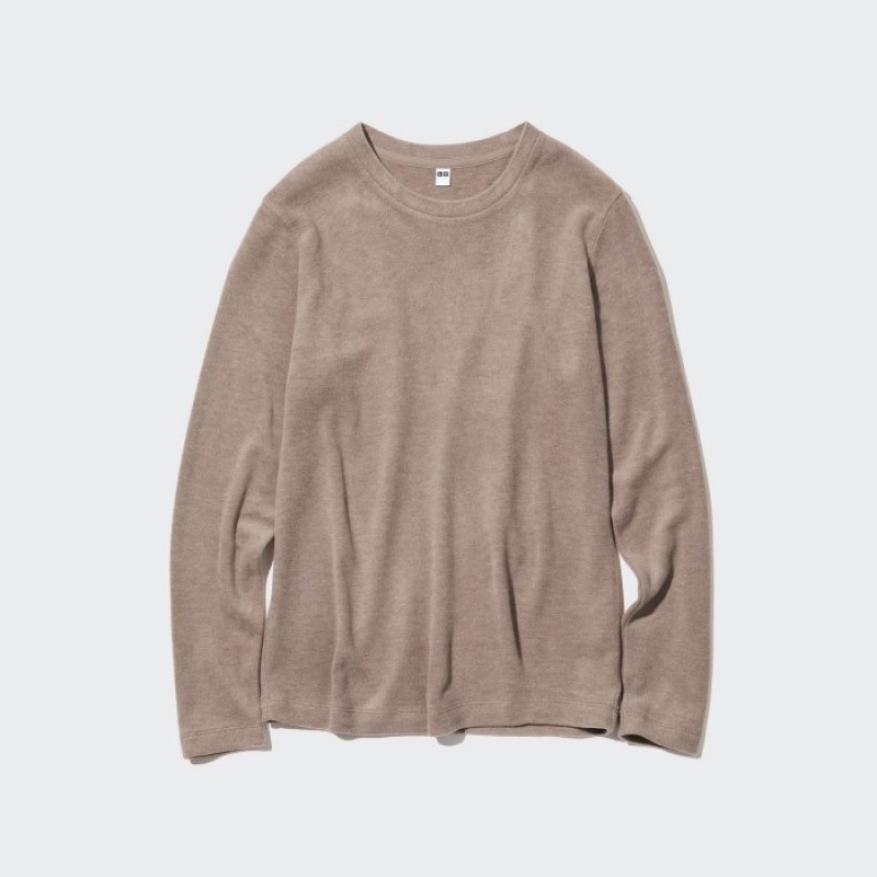 Women Uniqlo HEATTECH Fleece Crew Neck Long-Sleeve T Shirts Yellow | 6057578