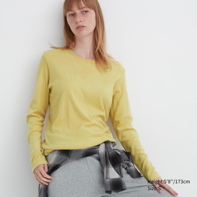 Women Uniqlo HEATTECH Fleece Crew Neck Long-Sleeve T Shirts Yellow | 6057578