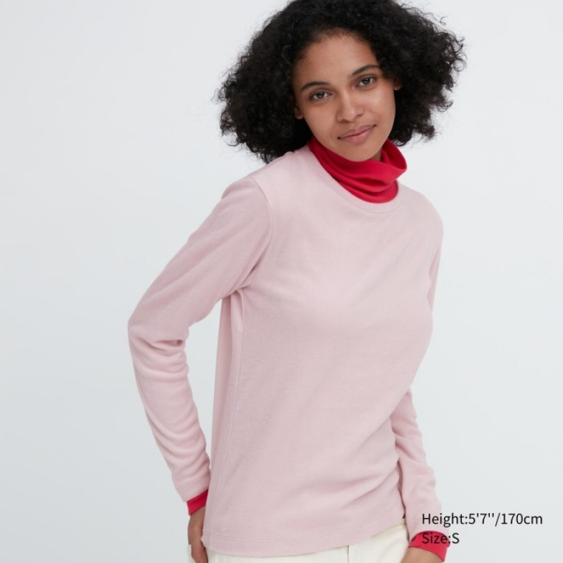 Women Uniqlo HEATTECH Fleece Crew Neck Long-Sleeve T Shirts Pink | 6189671