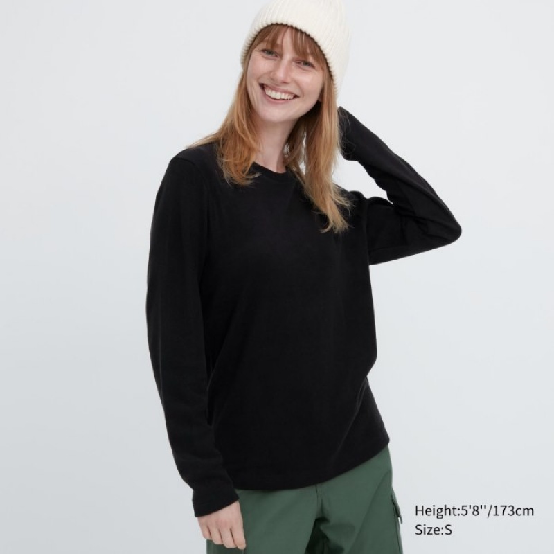 Women Uniqlo HEATTECH Fleece Crew Neck Long-Sleeve T Shirts Black | 7489463