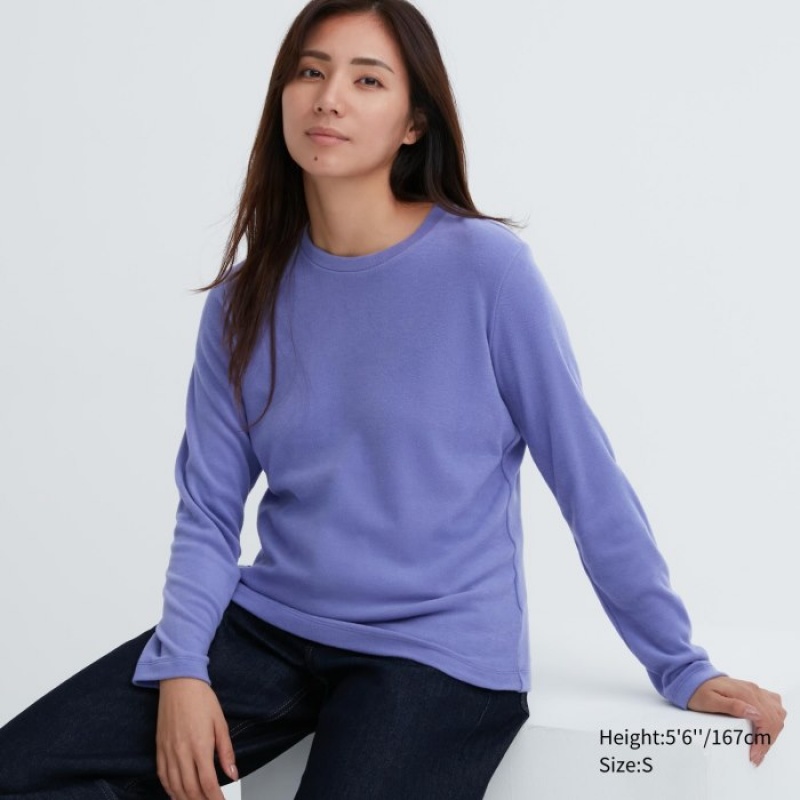 Women Uniqlo HEATTECH Fleece Crew Neck Long-Sleeve T Shirts Purple | 2306764