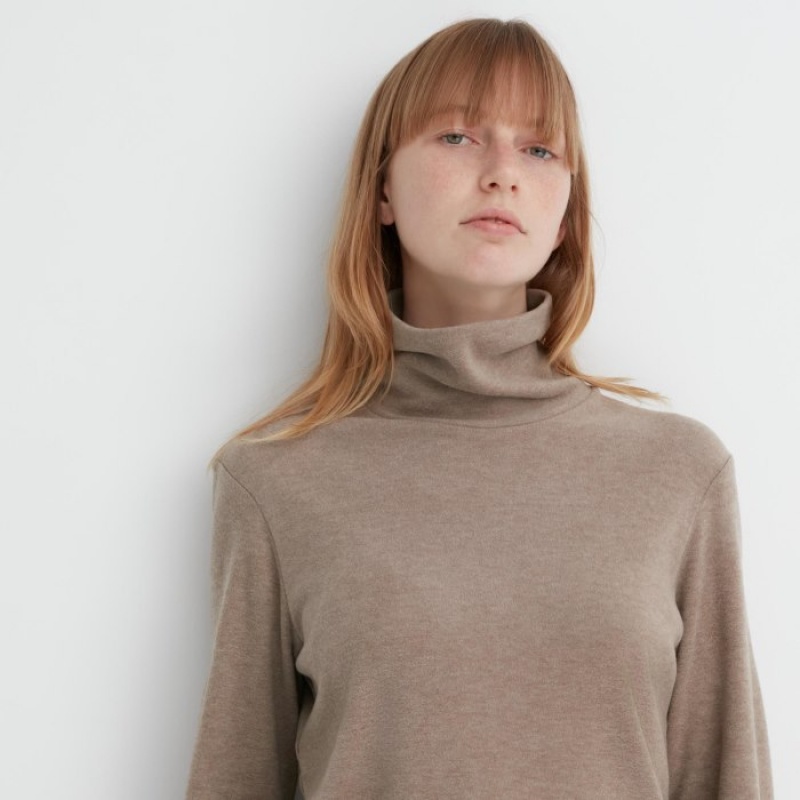 Women Uniqlo HEATTECH Fleece Turtleneck Long-Sleeve T Shirts Yellow | 4179004