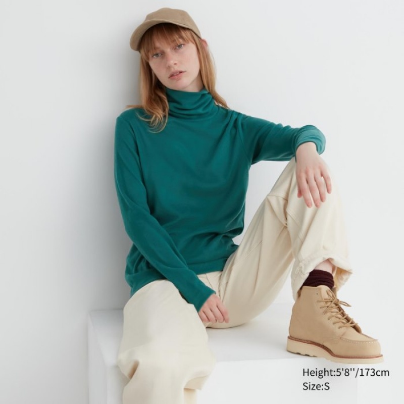 Women Uniqlo HEATTECH Fleece Turtleneck Long-Sleeve T Shirts Green | 3112889