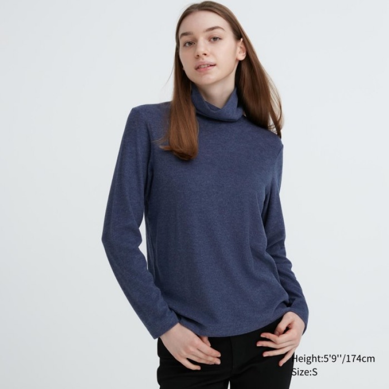 Women Uniqlo HEATTECH Fleece Turtleneck Long-Sleeve T Shirts Blue | 8247875