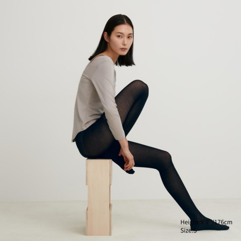 Women Uniqlo HEATTECH Knitted Sheer Tight Black | 6250886