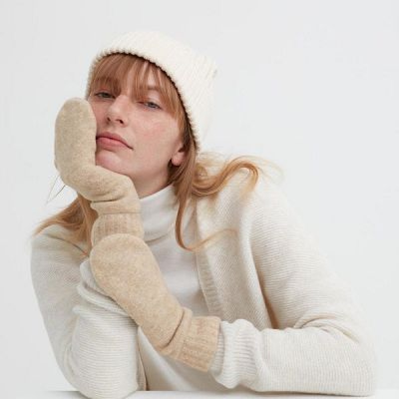 Women Uniqlo HEATTECH Lining Souffle Yarn Mittens Gloves Beige | 7258810