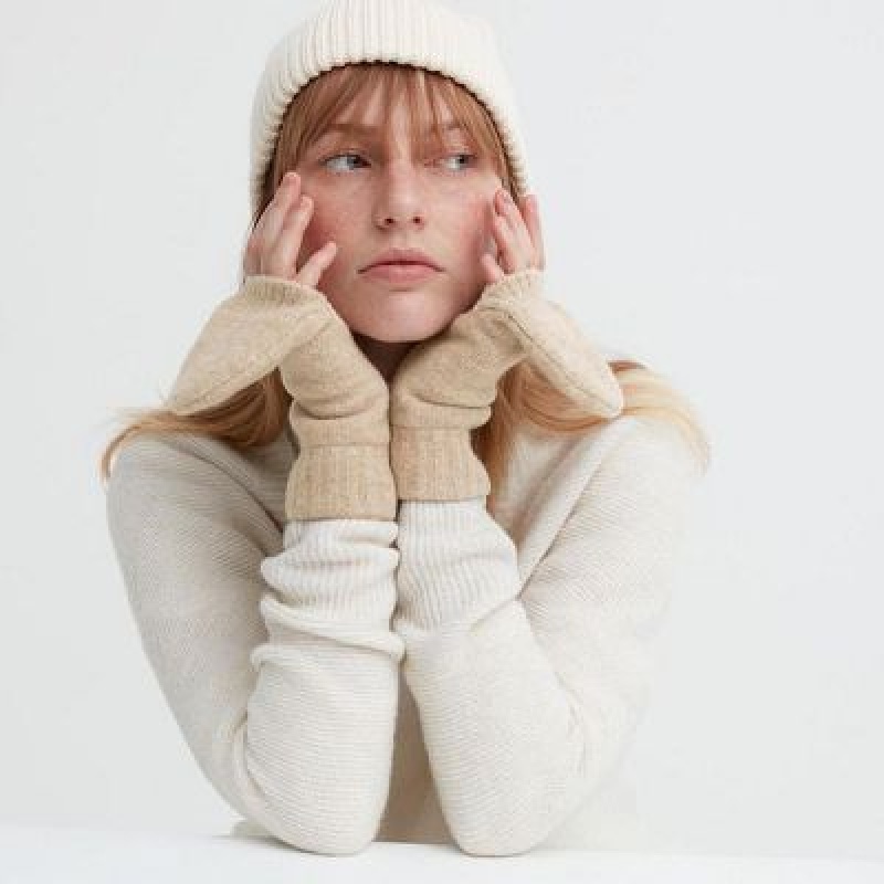 Women Uniqlo HEATTECH Lining Souffle Yarn Mittens Gloves Beige | 7258810