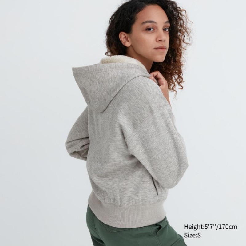 Women Uniqlo HEATTECH Pile-Lined Sweat Full-Zip Hoodie Grey | 1223704