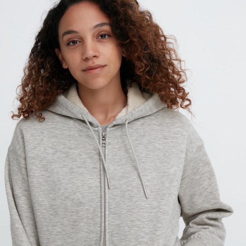 Women Uniqlo HEATTECH Pile-Lined Sweat Full-Zip Hoodie Grey | 1223704