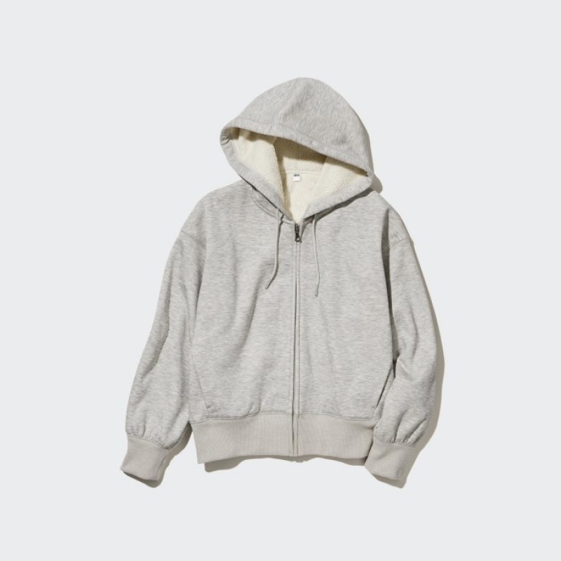 Women Uniqlo HEATTECH Pile-Lined Sweat Full-Zip Hoodie Grey | 1223704