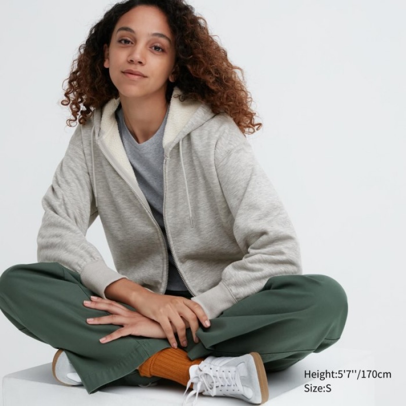Women Uniqlo HEATTECH Pile-Lined Sweat Full-Zip Hoodie Grey | 1223704