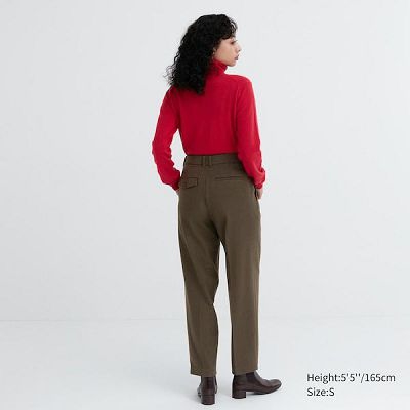 Women Uniqlo HEATTECH Pleated Tapered Pants Olive | 7685622