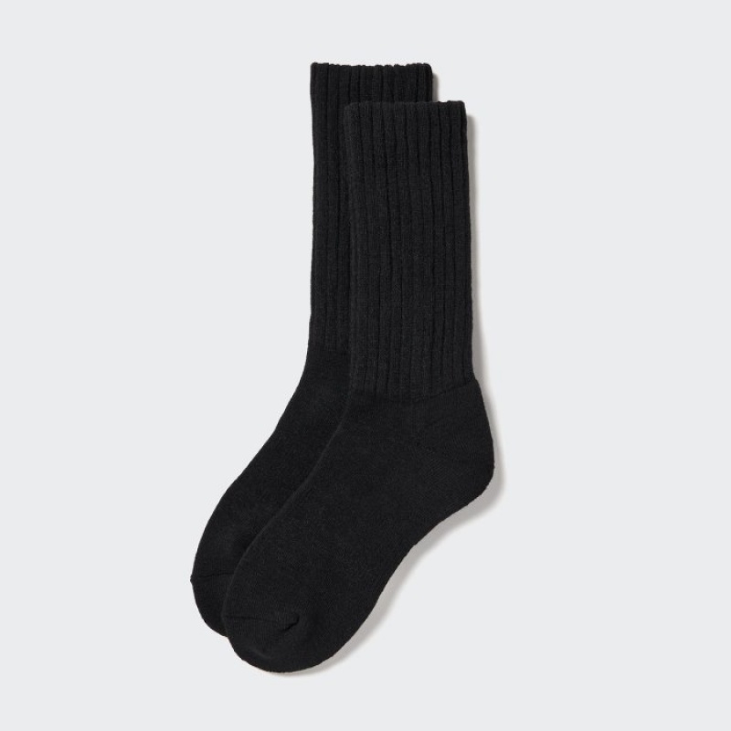 Women Uniqlo HEATTECH Ribbed Pile-Lined Socks Black | 1080536