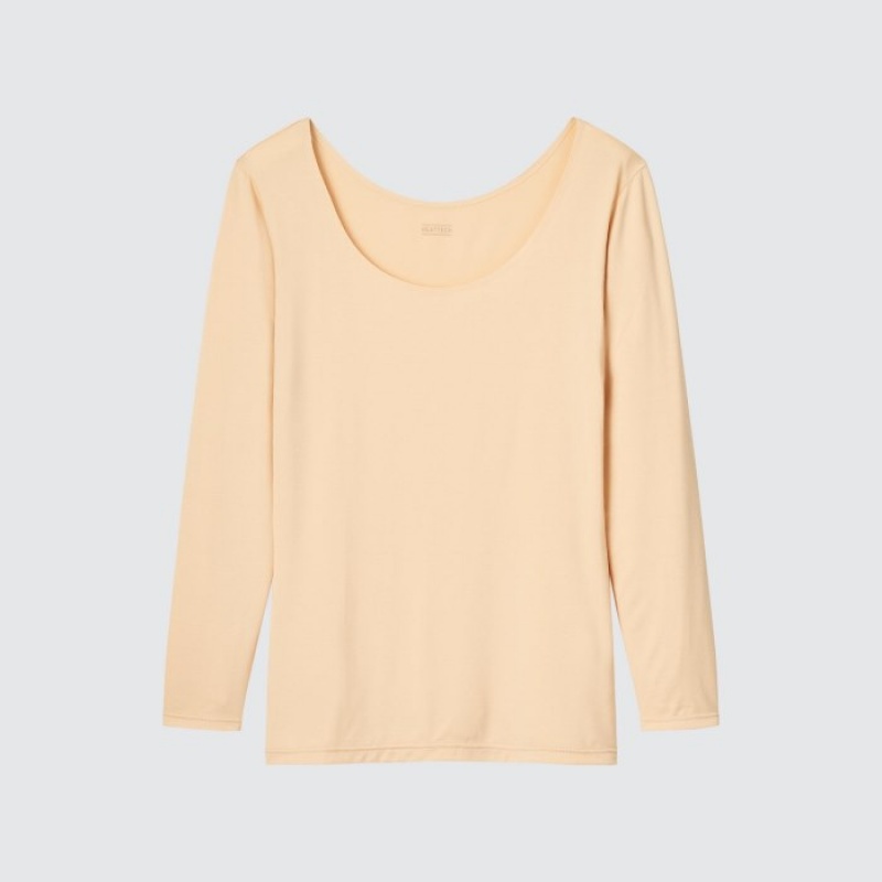 Women Uniqlo HEATTECH Scoop Neck Long-Sleeve T Shirts Beige | 6544097