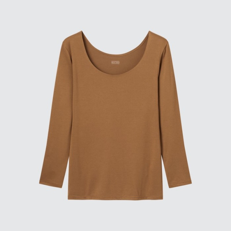 Women Uniqlo HEATTECH Scoop Neck Long-Sleeve T Shirts Brown | 7918923