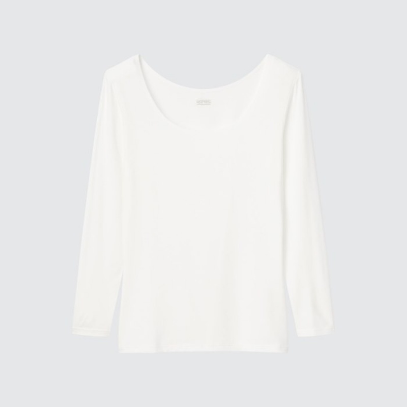 Women Uniqlo HEATTECH Scoop Neck Long-Sleeve T Shirts White | 3737900
