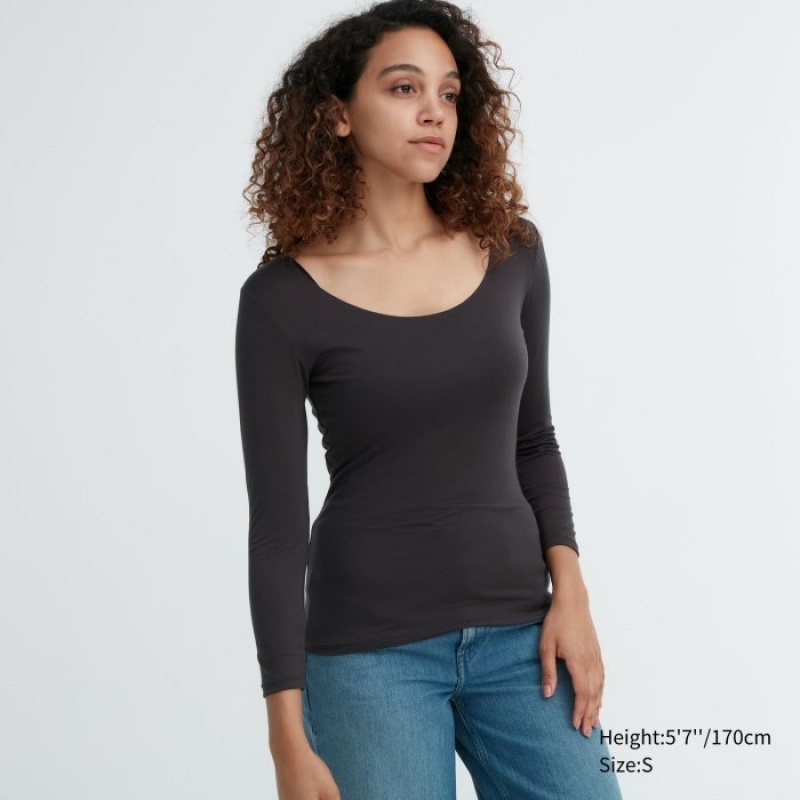 Women Uniqlo HEATTECH Scoop Neck Long-Sleeve T Shirts Grey | 5670690