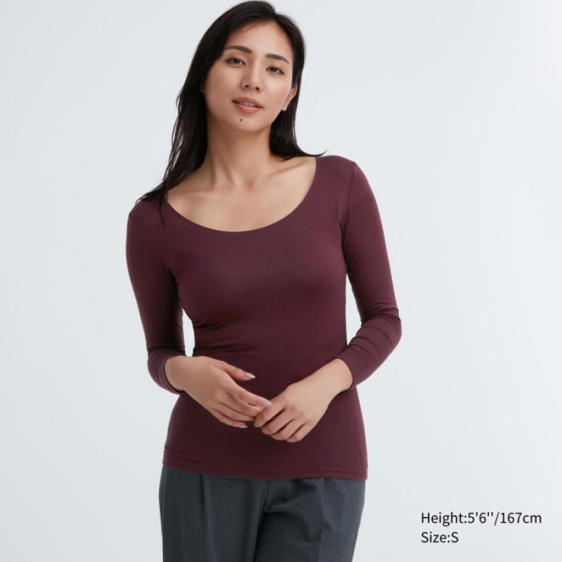 Women Uniqlo HEATTECH Scoop Neck Long-Sleeve T Shirts Burgundy | 191688