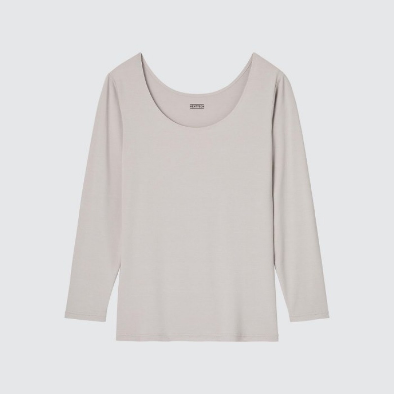 Women Uniqlo HEATTECH Scoop Neck Long-Sleeve T Shirts Grey | 6666247