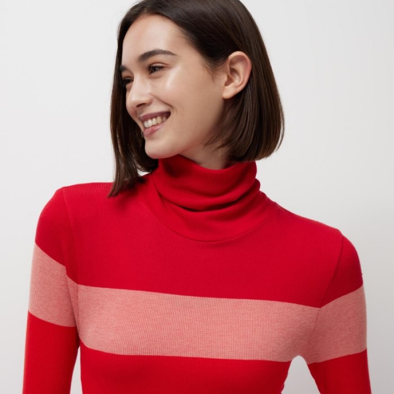 Women Uniqlo HEATTECH Seamless Ribbed Extra Warm T Shirts Red | 198545