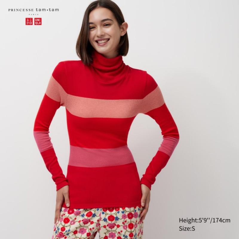 Women Uniqlo HEATTECH Seamless Ribbed Extra Warm T Shirts Red | 198545
