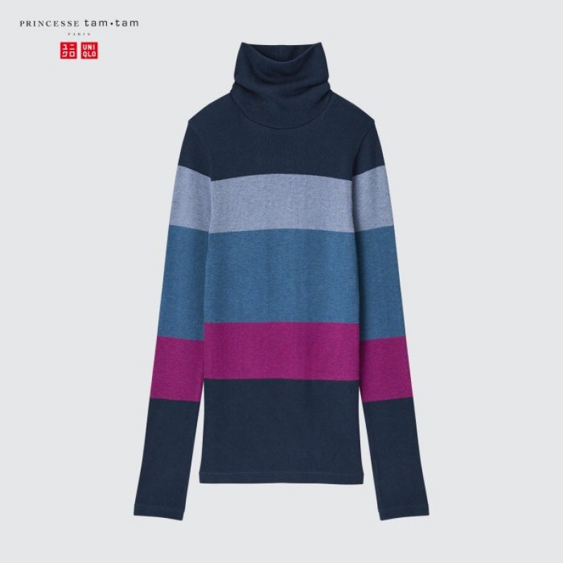 Women Uniqlo HEATTECH Seamless Ribbed Extra Warm T Shirts Navy | 8176085