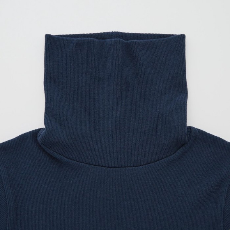 Women Uniqlo HEATTECH Seamless Ribbed Extra Warm T Shirts Navy | 8176085