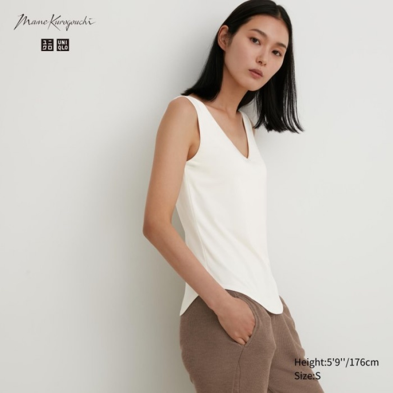 Women Uniqlo HEATTECH Sleeveless Silk Blend Tank Top White | 6256124