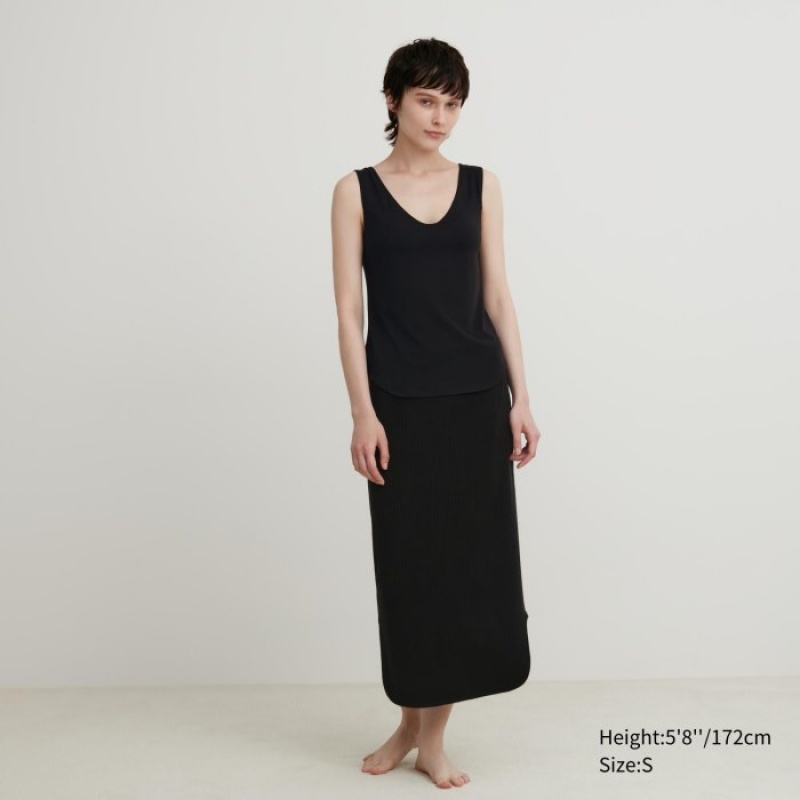 Women Uniqlo HEATTECH Sleeveless Silk Blend Tank Top Black | 8793382