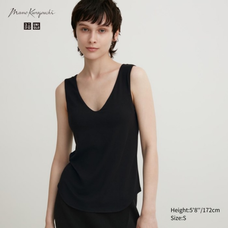 Women Uniqlo HEATTECH Sleeveless Silk Blend Tank Top Black | 8793382