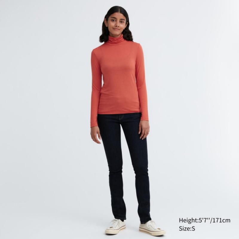Women Uniqlo HEATTECH Ultra Light Turtleneck Long-Sleeve T Shirts Orange | 885111