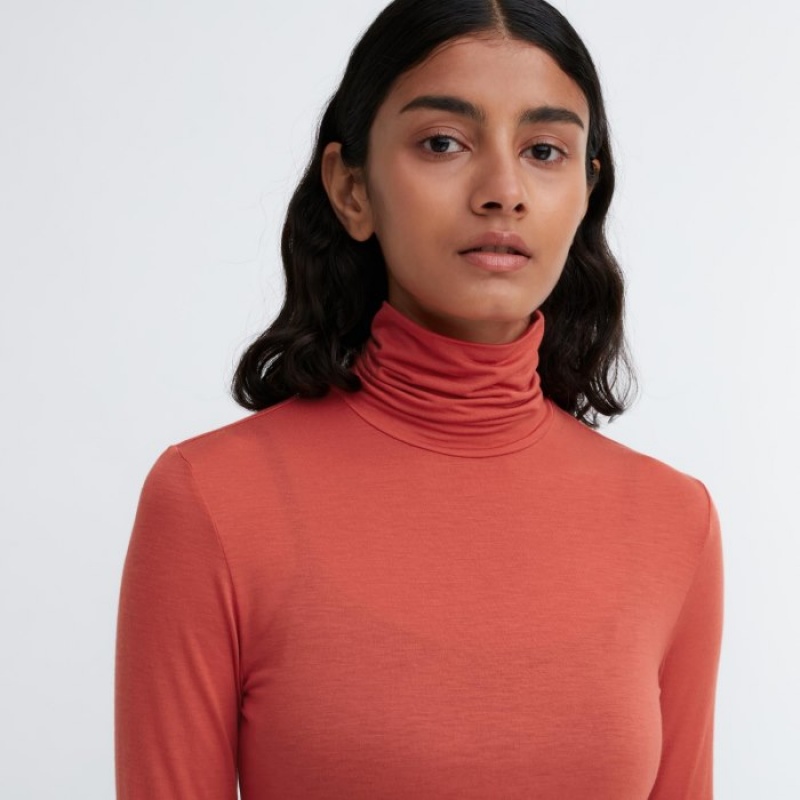 Women Uniqlo HEATTECH Ultra Light Turtleneck Long-Sleeve T Shirts Orange | 885111