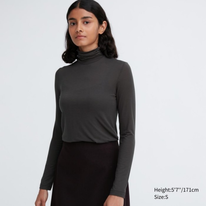 Women Uniqlo HEATTECH Ultra Light Turtleneck Long-Sleeve T Shirts Grey | 4407274