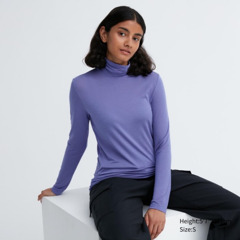 Women Uniqlo HEATTECH Ultra Light Turtleneck Long-Sleeve T Shirts Purple | 3923336