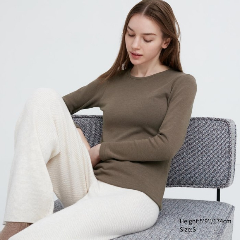 Women Uniqlo HEATTECH Ultra Warm Crew Neck Long-Sleeve T Shirts Brown | 4225594