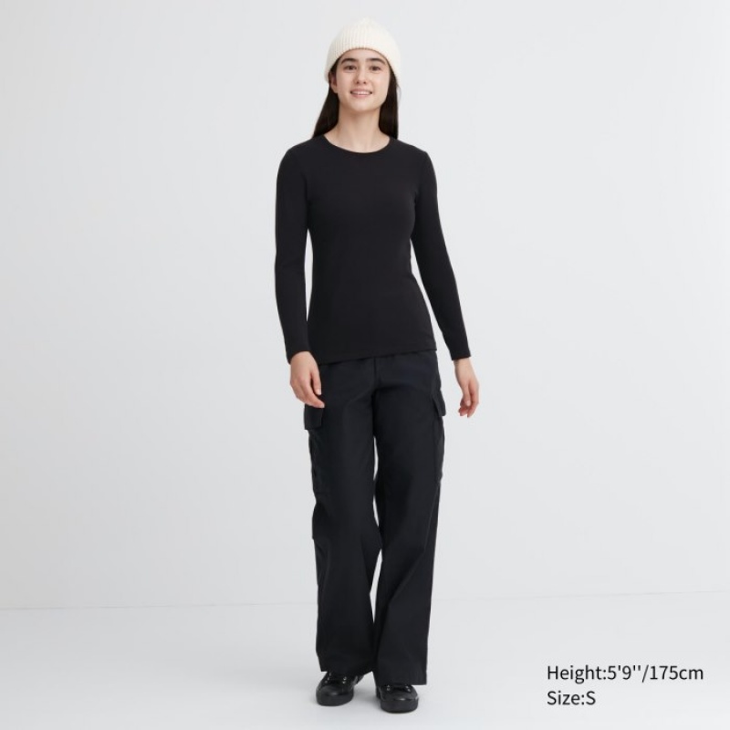 Women Uniqlo HEATTECH Ultra Warm Crew Neck Long-Sleeve T Shirts Black | 4570412