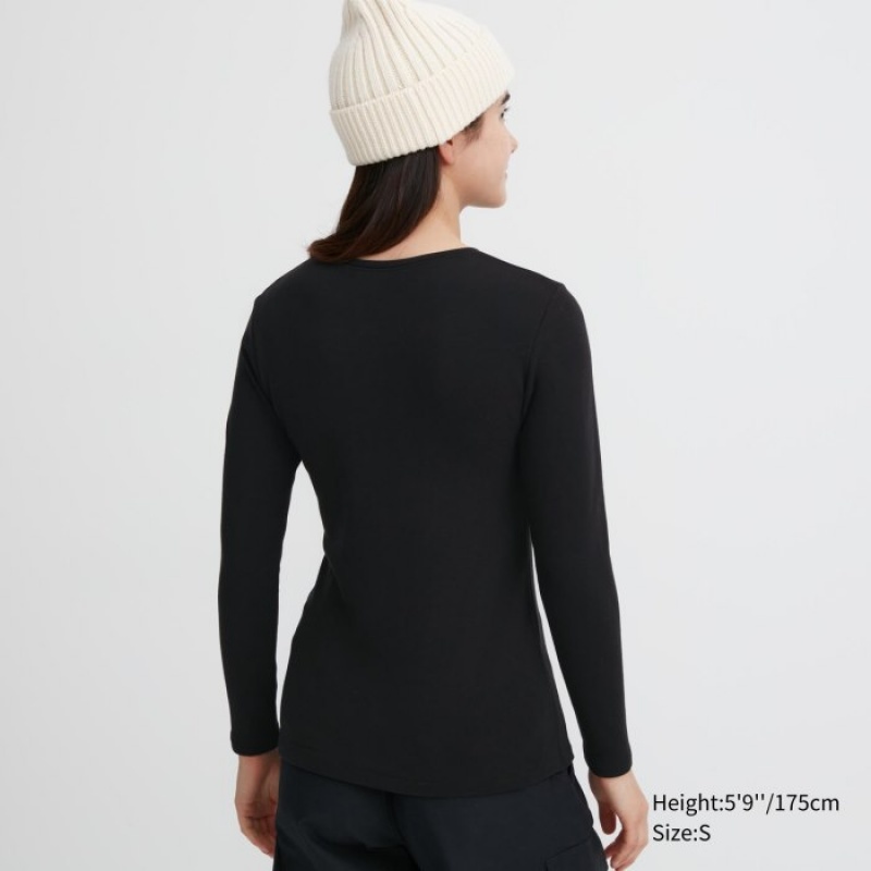 Women Uniqlo HEATTECH Ultra Warm Crew Neck Long-Sleeve T Shirts Black | 4570412