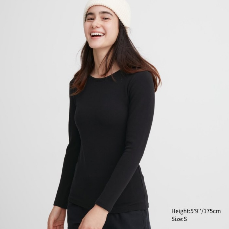 Women Uniqlo HEATTECH Ultra Warm Crew Neck Long-Sleeve T Shirts Black | 4570412